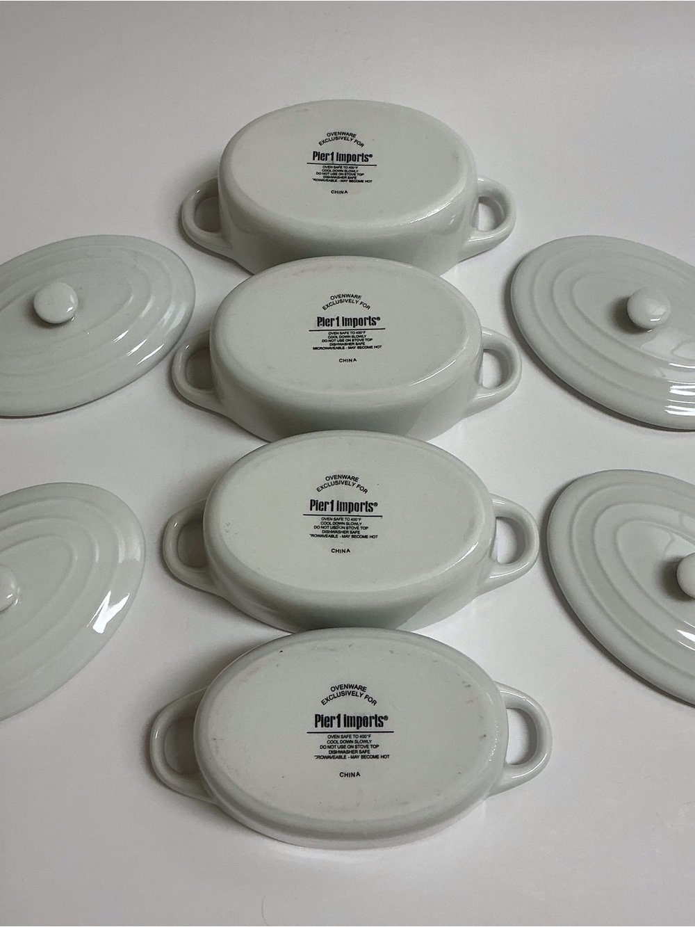 Pier 1 White Baking Dish SET OF 4 Lids 7.5 oz Minicocotte Souffle Ramekin Bakers - Picture 6 of 10